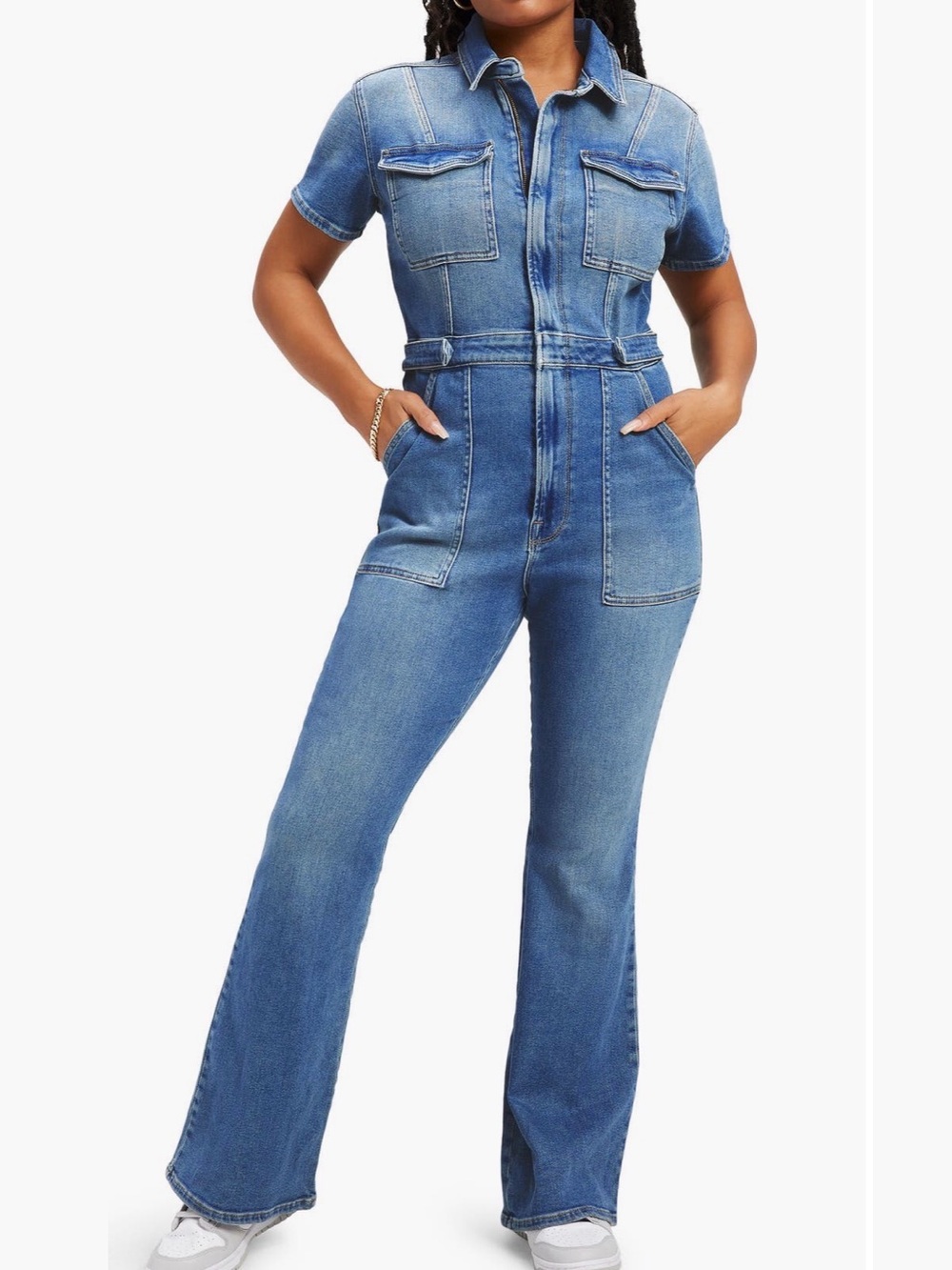 Good American Blue Denim Short-Sleeve Utility Jumpsuit